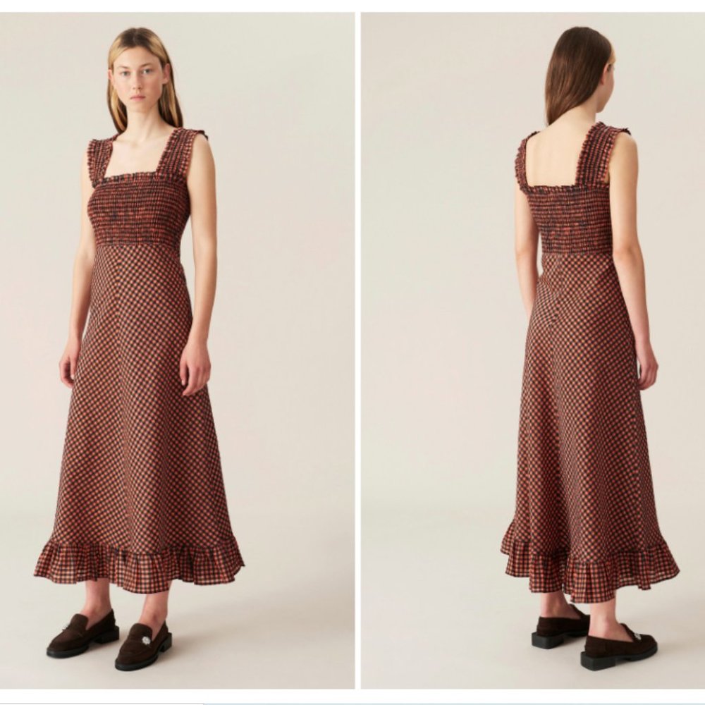 Ganni seersucker check maxi dress